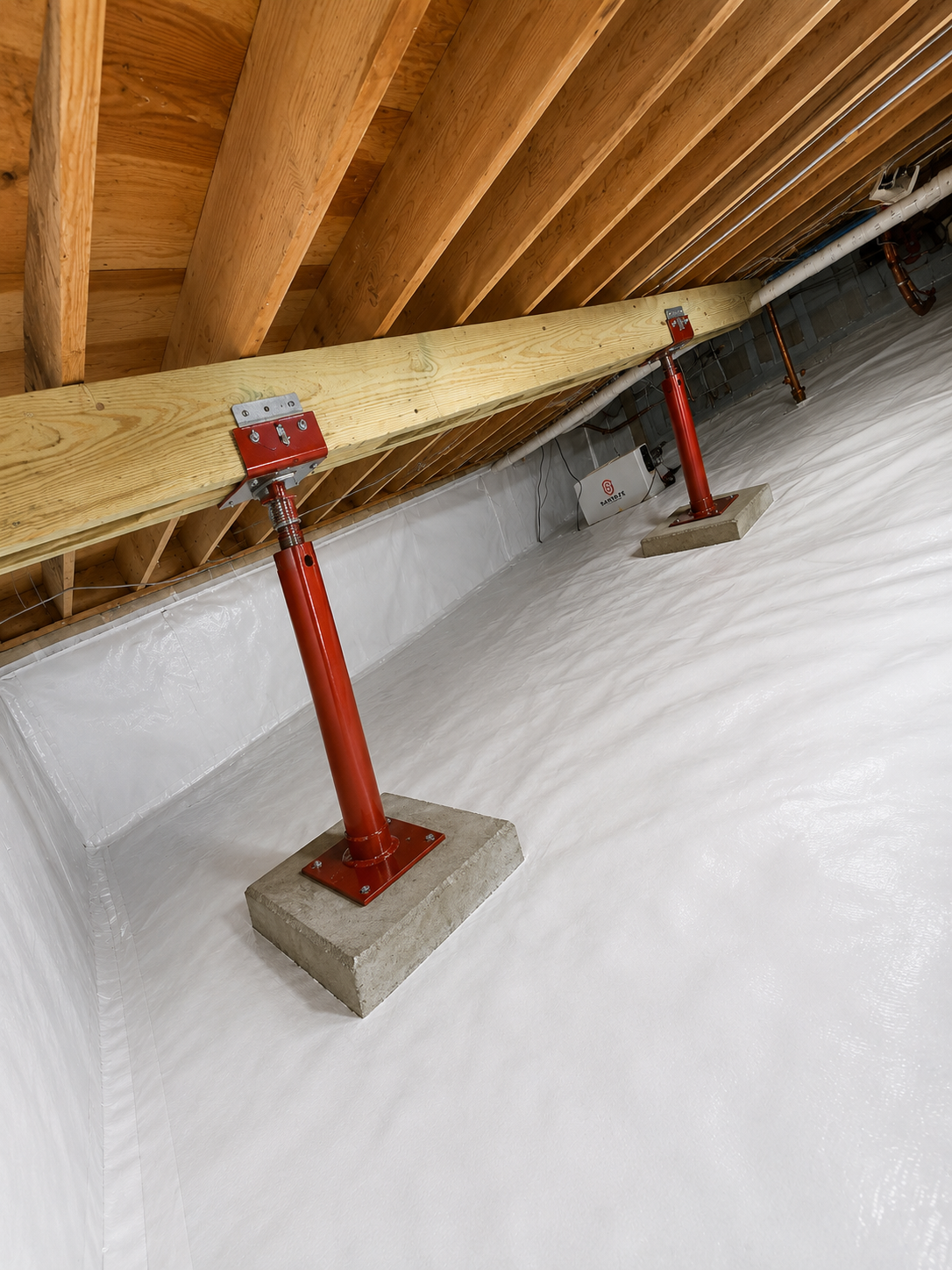 Finished crawl space encapsulation with structural beam and support column
