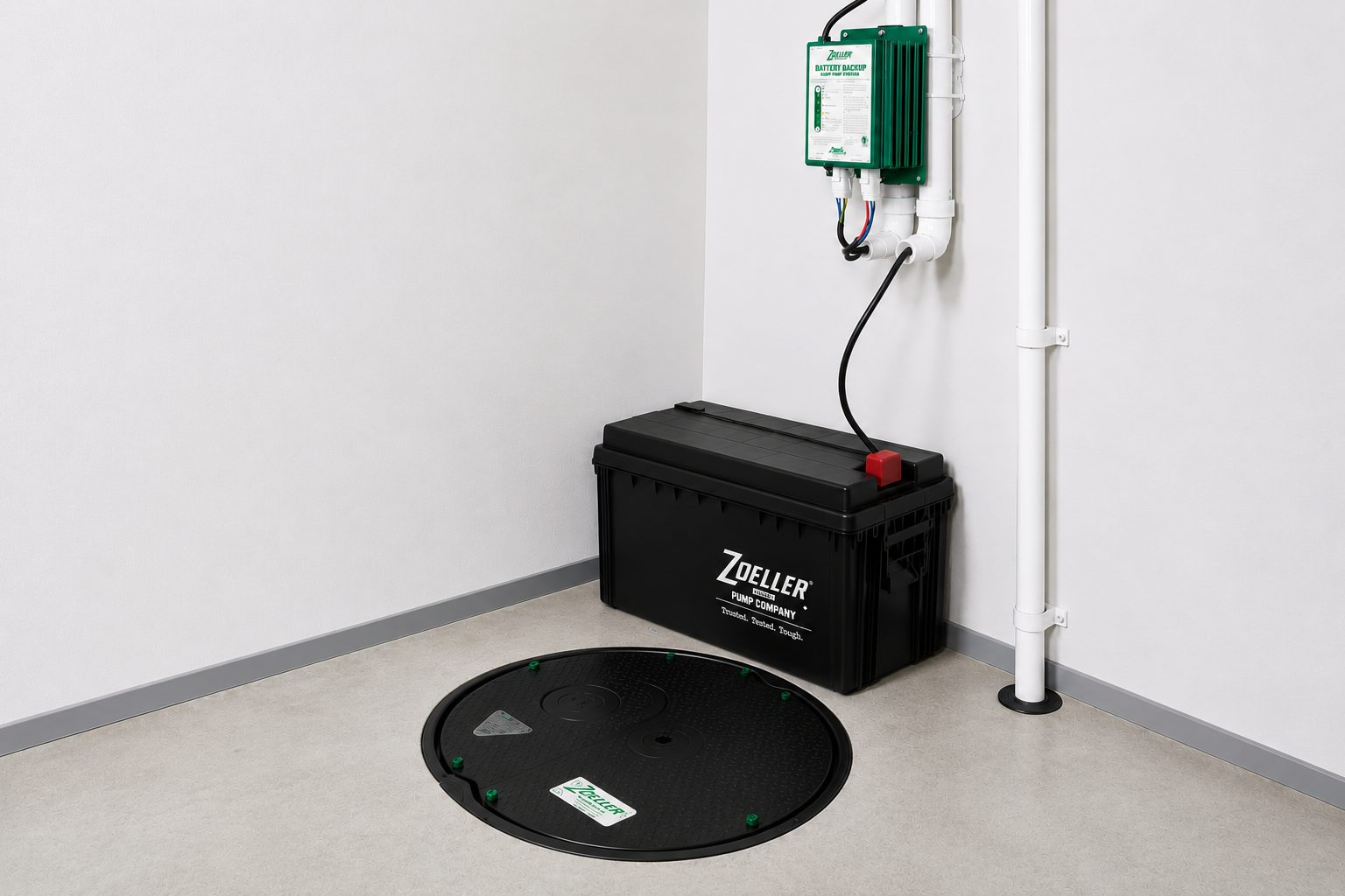 Professional Zoeller sump pump and basement drainage system